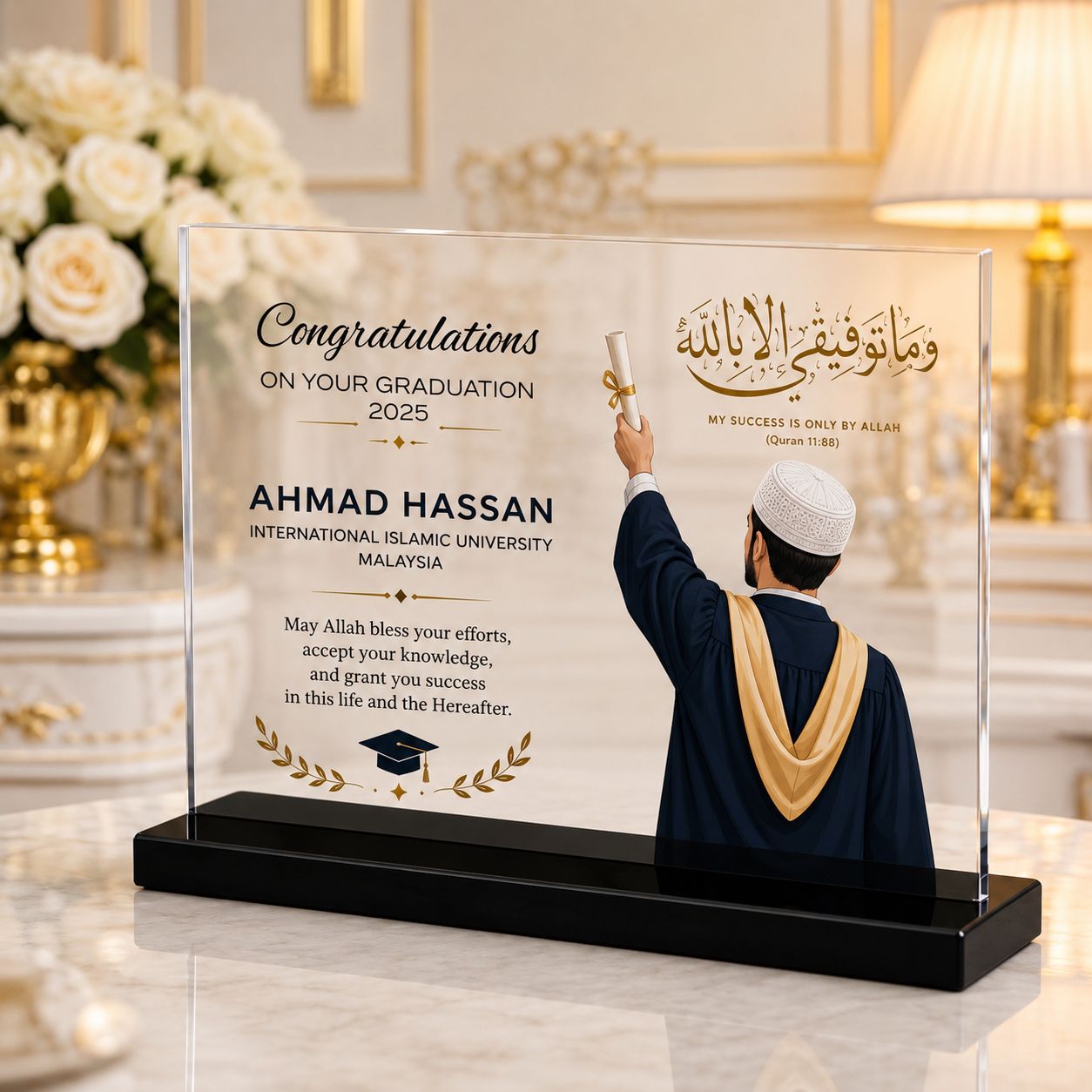 Customized Muslim Male 2D Acrylic Graduation Plaque with Base